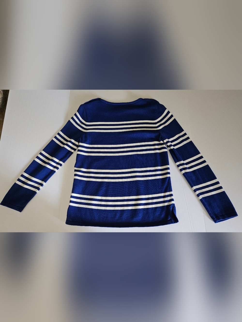 JONES NEW YORK SIGNATURE BLUE WHITE STRIPED SWEATER BUTTON TRIM Gap VINTAGE SZ L